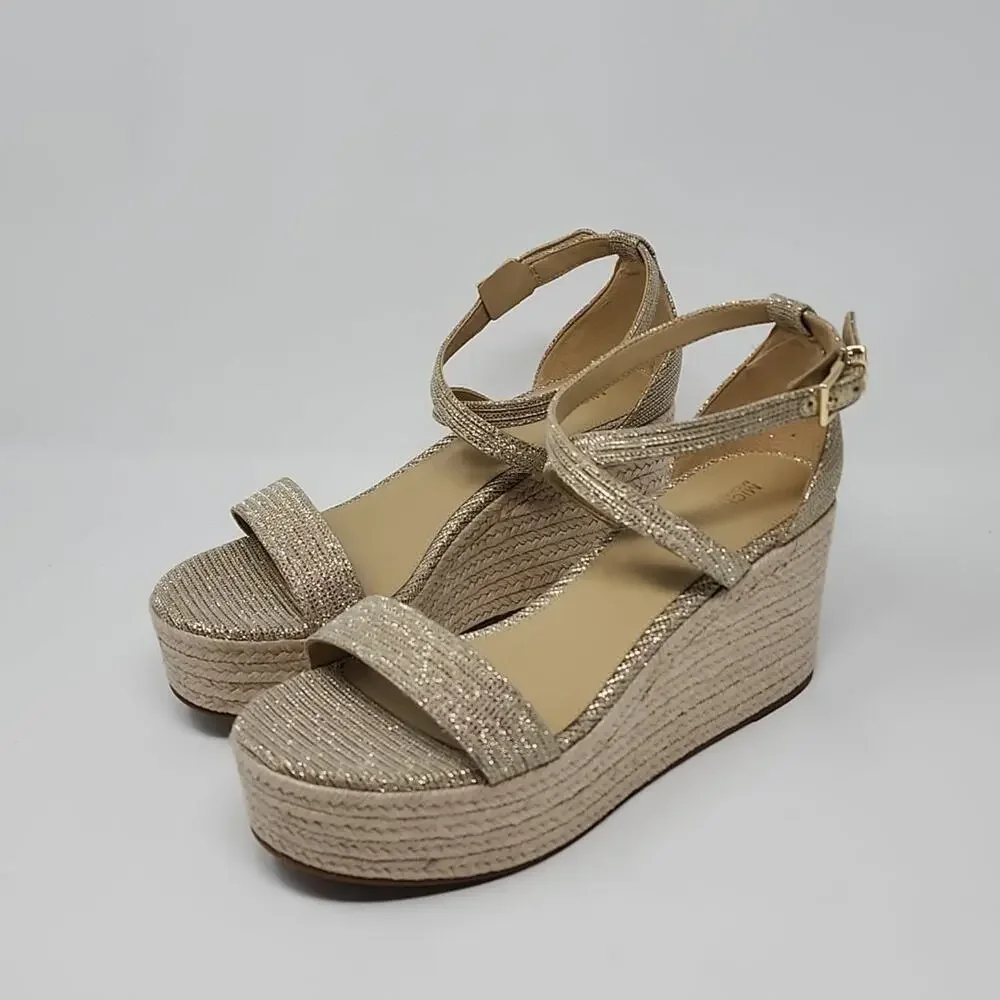 Michael Kors Metallic Gold Serena Espadrilles Platform Wedge Sandals Size 9